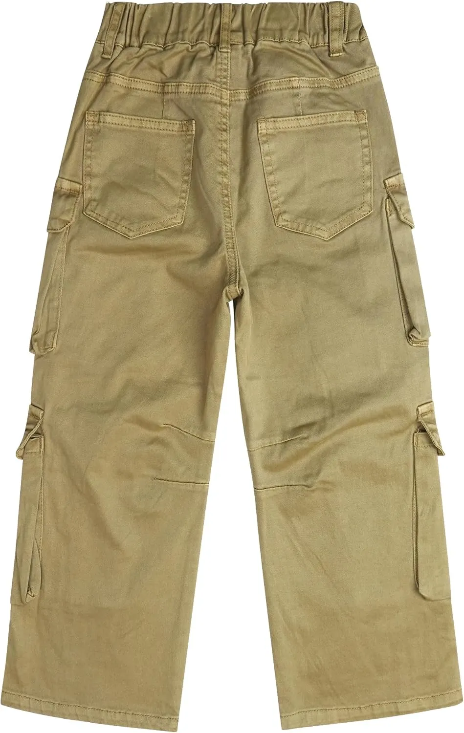 KIDSCOOL SPACE 8-Pocket Girls Wide-Leg Denim Pants, 5-14T Ribbed Elastic Waist with D-Ring Loops Cargo Jeans