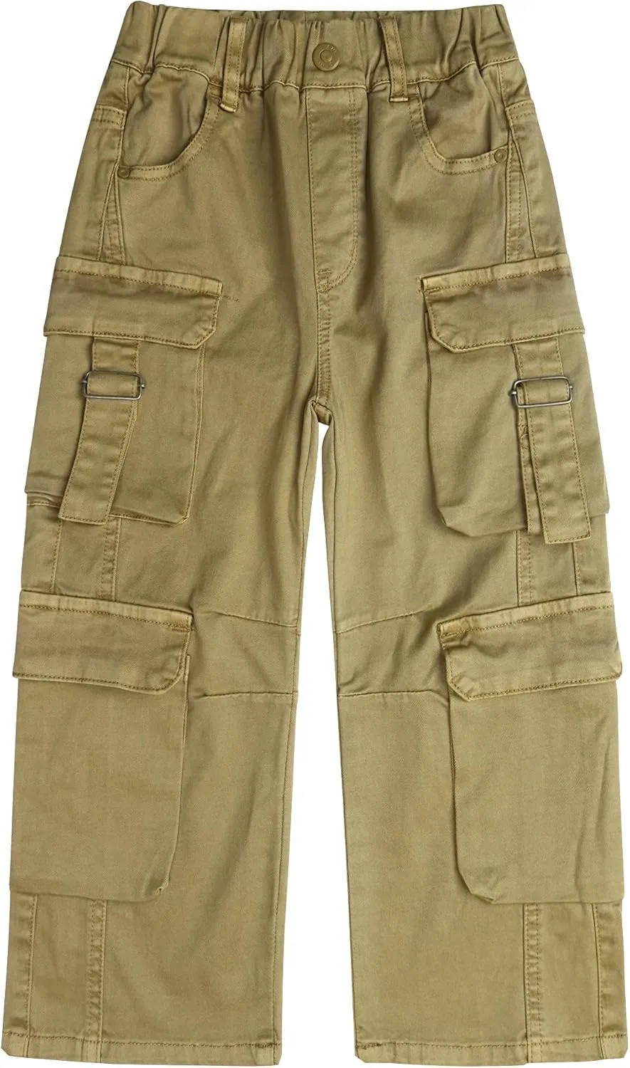 KIDSCOOL SPACE 8-Pocket Girls Wide-Leg Denim Pants, 5-14T Ribbed Elastic Waist with D-Ring Loops Cargo Jeans