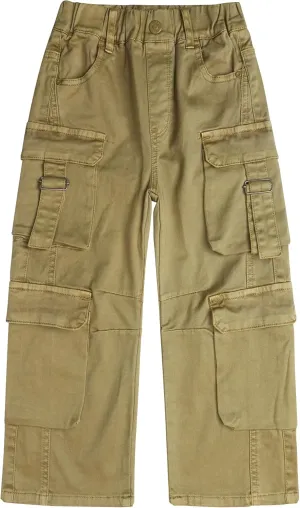 KIDSCOOL SPACE 8-Pocket Girls Wide-Leg Denim Pants, 5-14T Ribbed Elastic Waist with D-Ring Loops Cargo Jeans