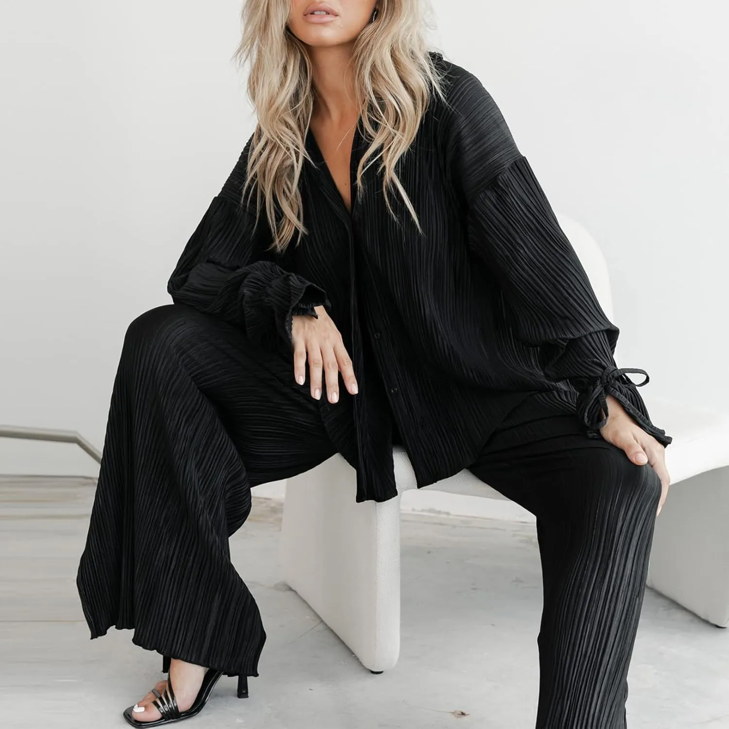 Kissonic Womne's Two Piece Outfits Pleated Long Sleeve Button Down Shirts High Waist Long Pants