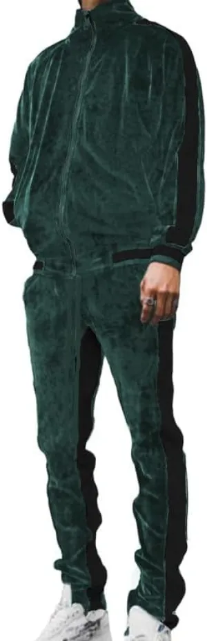 KISSQIQI Velour Tracksuit Mens 2 Piece Velvet Zipper Jacket Drawtsring Waistband Sweatpants Sweatsuits Set Casual Outfits
