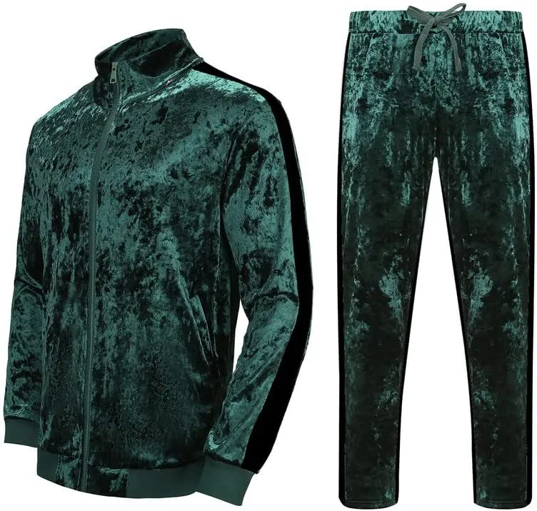 KISSQIQI Velour Tracksuit Mens 2 Piece Velvet Zipper Jacket Drawtsring Waistband Sweatpants Sweatsuits Set Casual Outfits