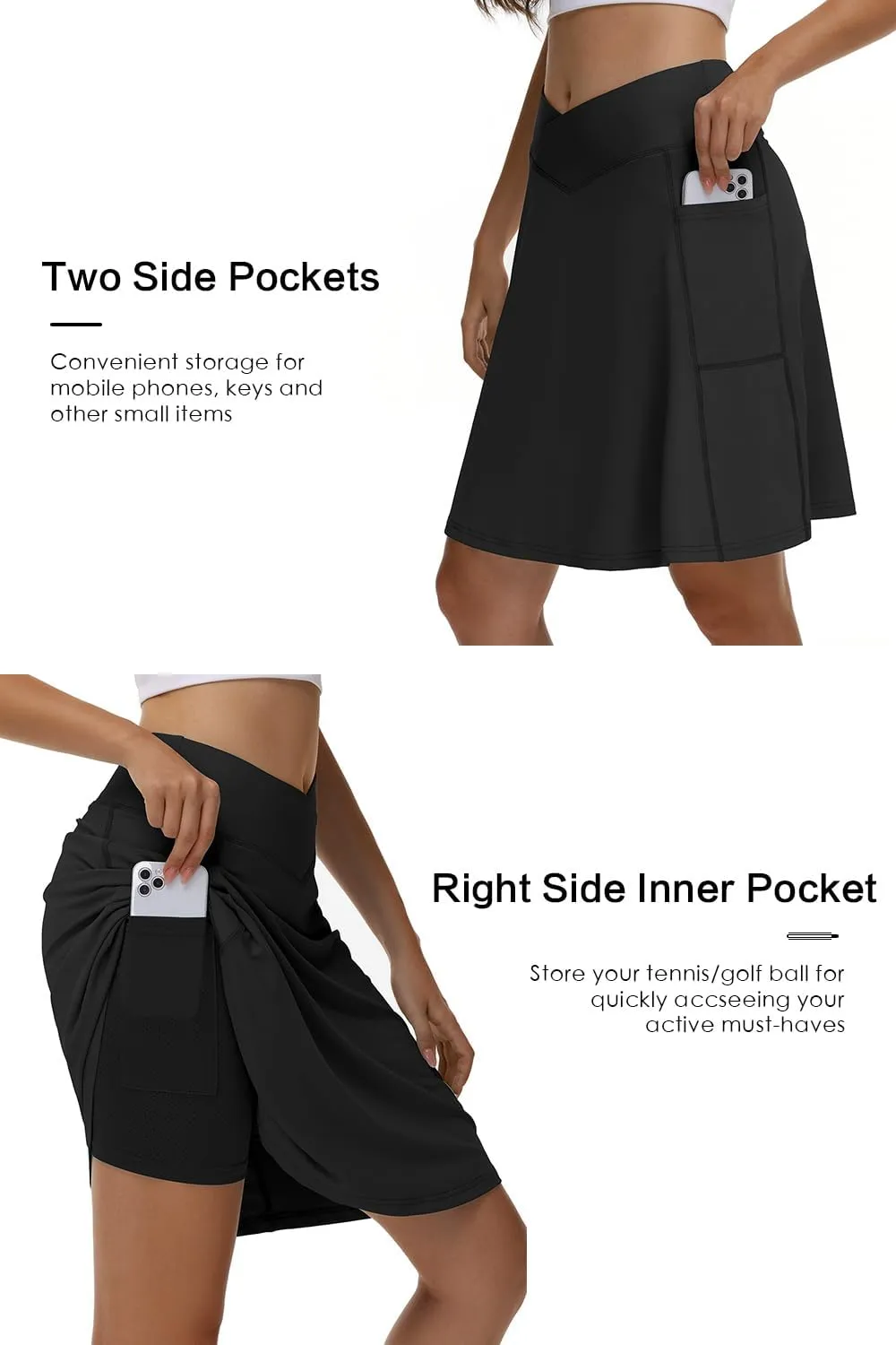 KORALHY 21" Knee Length Golf Skorts Skirts for Women Cross Waist Athletic Skorts with Shorts Tennis Skirt with 3 Pockets