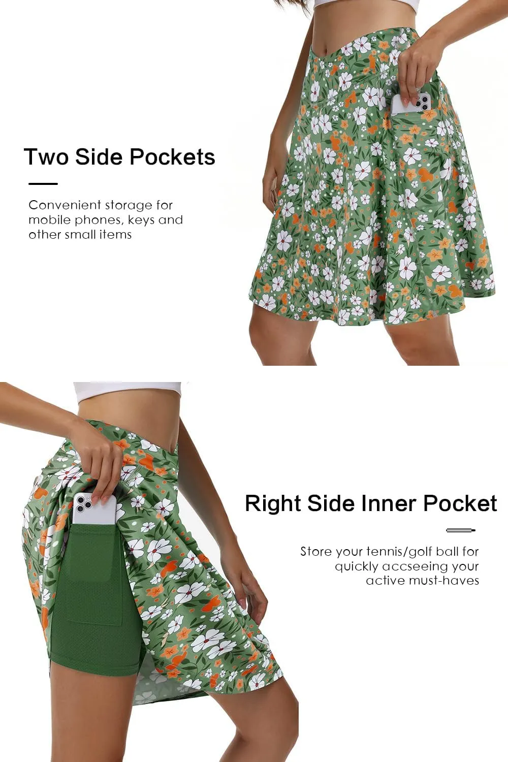 KORALHY 21" Knee Length Golf Skorts Skirts for Women Cross Waist Athletic Skorts with Shorts Tennis Skirt with 3 Pockets