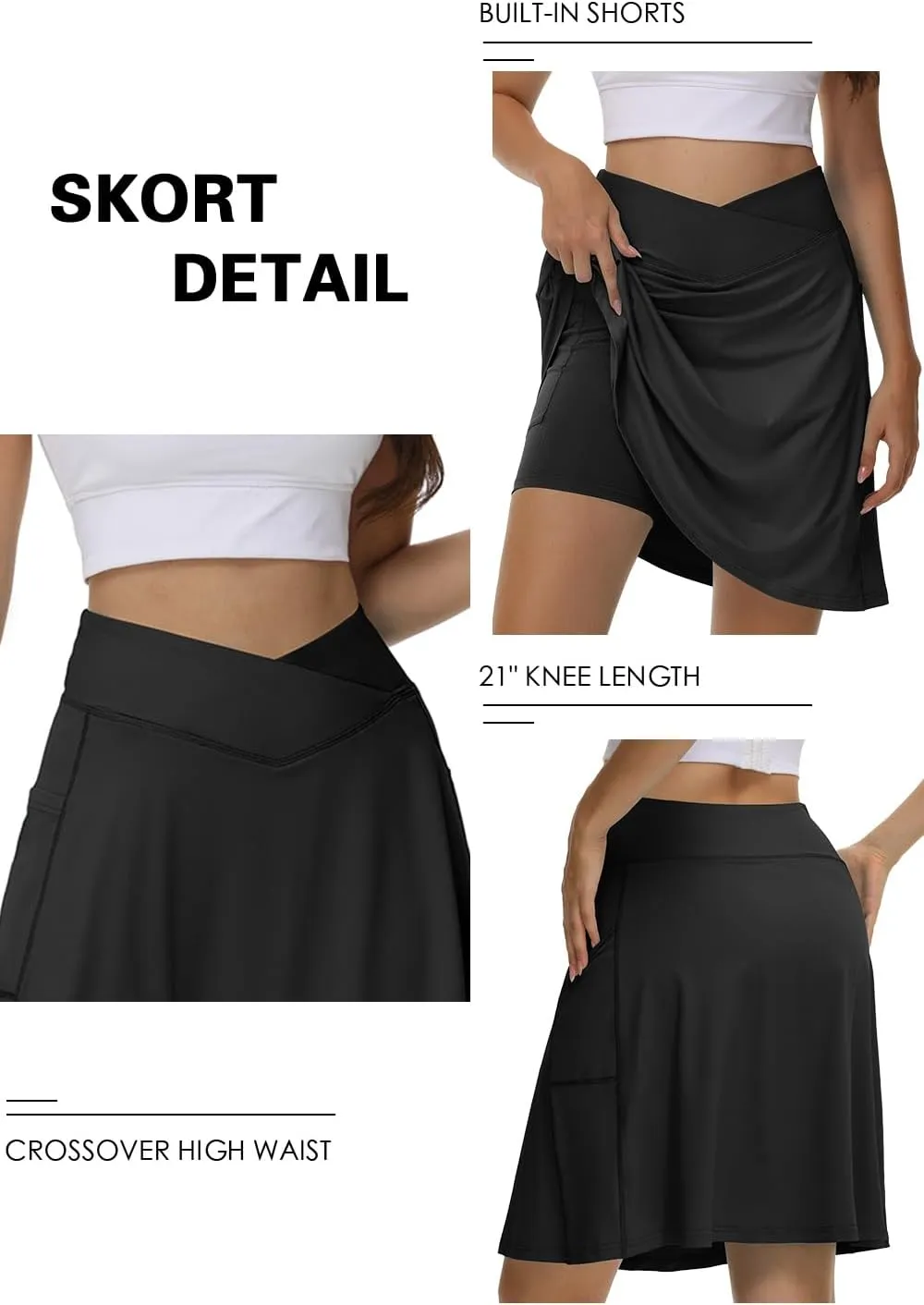 KORALHY 21" Knee Length Golf Skorts Skirts for Women Cross Waist Athletic Skorts with Shorts Tennis Skirt with 3 Pockets
