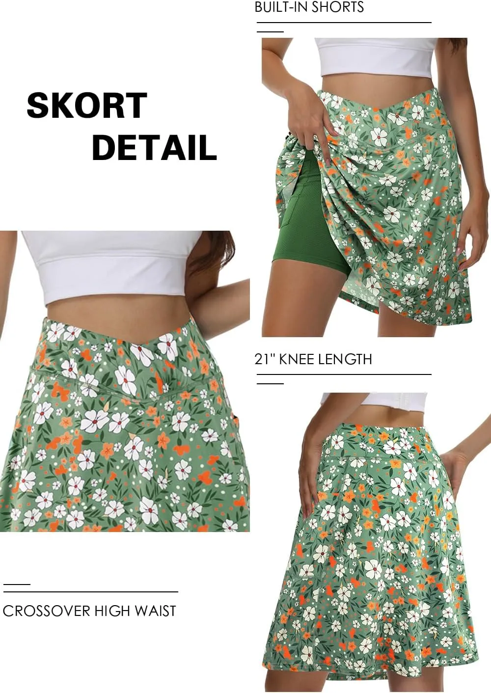 KORALHY 21" Knee Length Golf Skorts Skirts for Women Cross Waist Athletic Skorts with Shorts Tennis Skirt with 3 Pockets