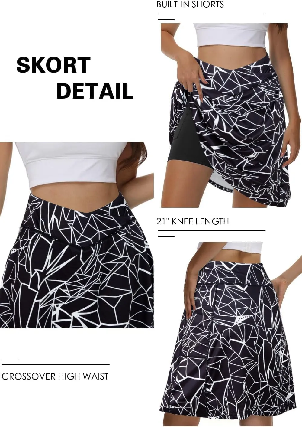 KORALHY 21" Knee Length Golf Skorts Skirts for Women Cross Waist Athletic Skorts with Shorts Tennis Skirt with 3 Pockets