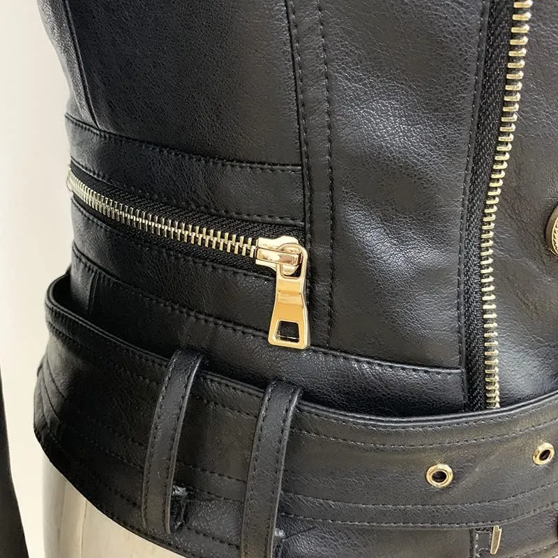 LA GRANDE Women's Double-Breasted Leather Motorcycle Jacket, Black with Gold Hardware, Belted Waist