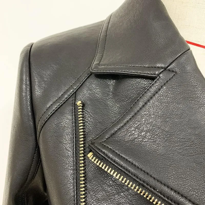 LA GRANDE Women's Double-Breasted Leather Motorcycle Jacket, Black with Gold Hardware, Belted Waist