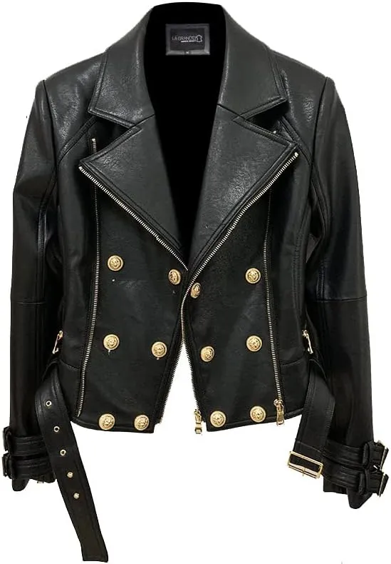 LA GRANDE Women's Double-Breasted Leather Motorcycle Jacket, Black with Gold Hardware, Belted Waist