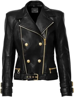 LA GRANDE Women's Double-Breasted Leather Motorcycle Jacket, Black with Gold Hardware, Belted Waist