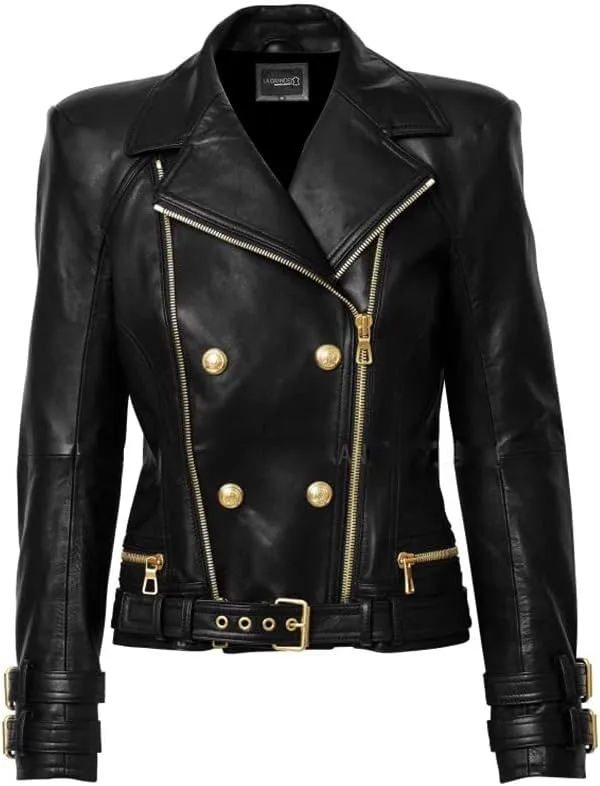 LA GRANDE Women's Double-Breasted Leather Motorcycle Jacket, Black with Gold Hardware, Belted Waist