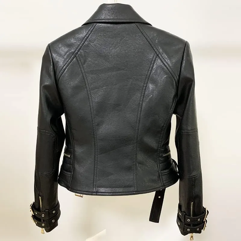 LA GRANDE Women's Double-Breasted Leather Motorcycle Jacket, Black with Gold Hardware, Belted Waist