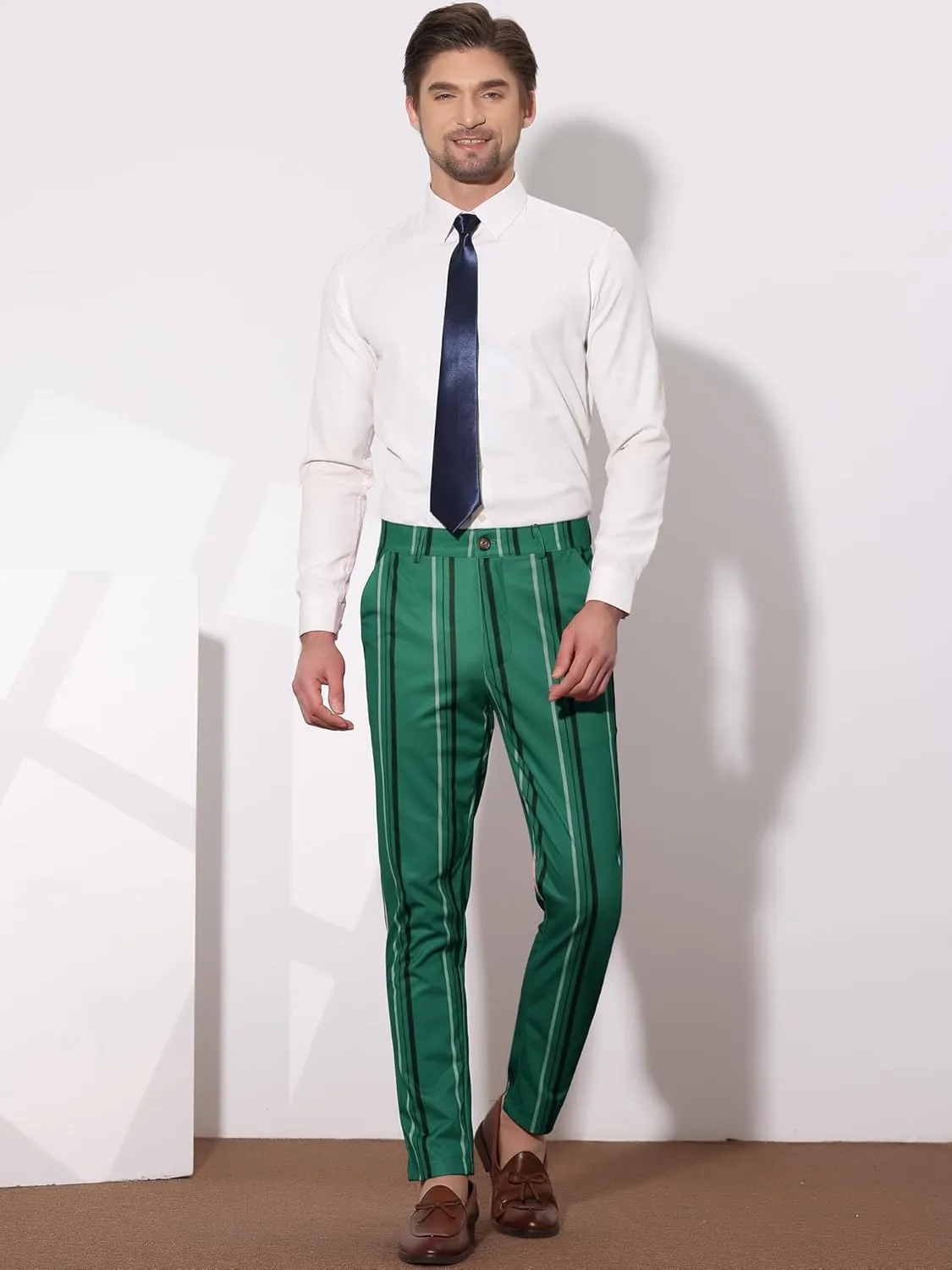 Lars Amadeus Men's Casual Striped Dress Pants Slim Fit Flat Front Contrast Color Skinny Trousers