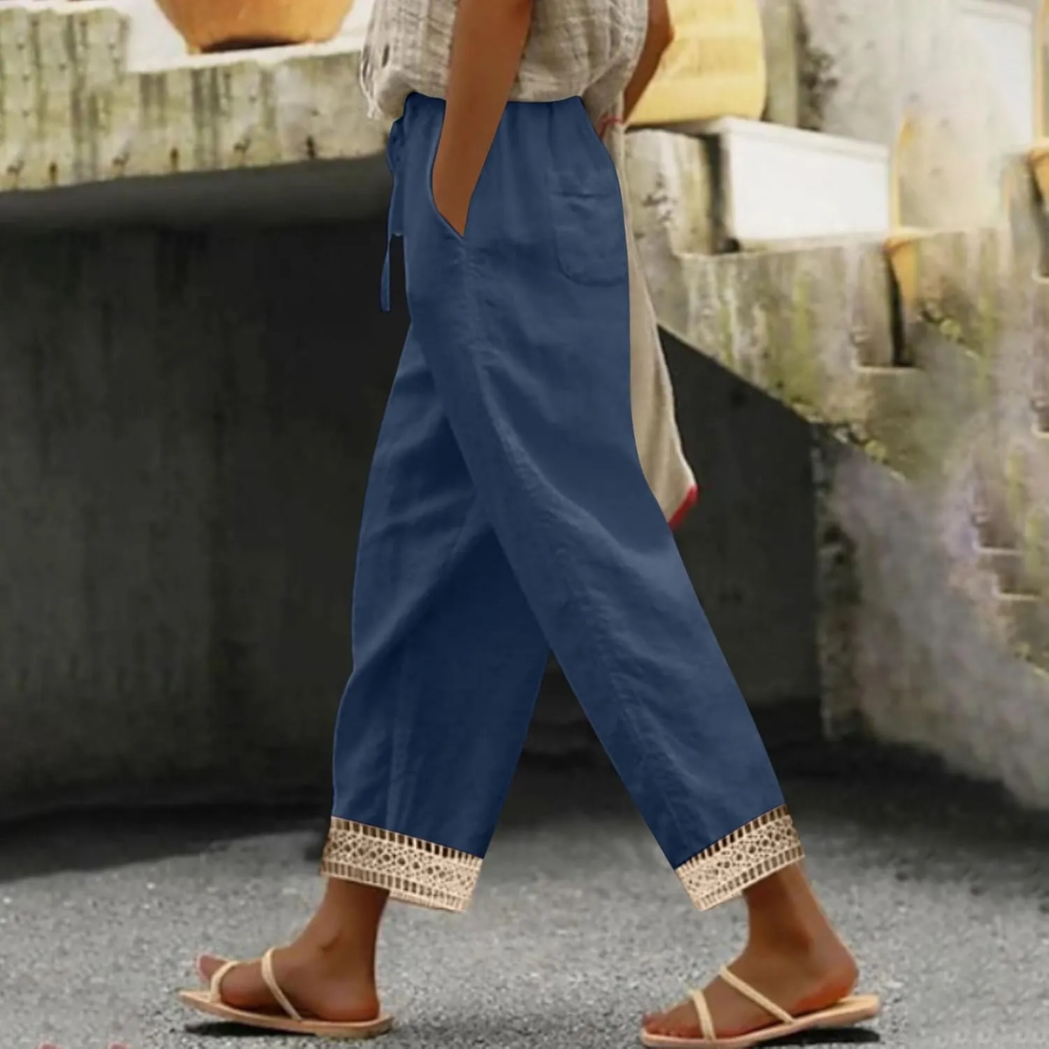 Lastesso Linen Pants Women Casual High Waist Cotton Summer Comfy Slacks Lightweight Vacation Hawaii Trousers with Pockets
