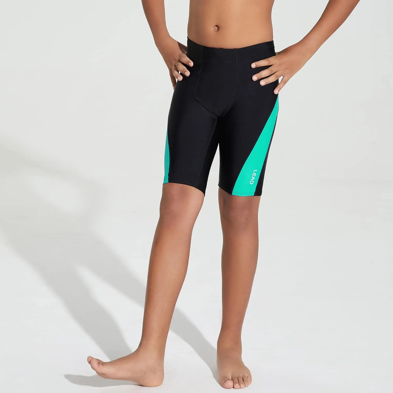 LEAO Youth Boys Swim Jammers Solid Swimsuit UPF 50  Sun Pretection Quick Dry Athletic Swimming Shorts