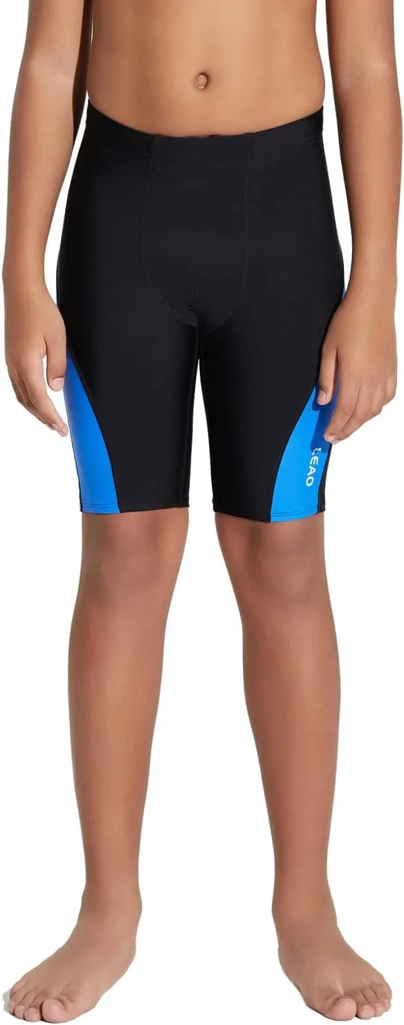LEAO Youth Boys Swim Jammers Solid Swimsuit UPF 50  Sun Pretection Quick Dry Athletic Swimming Shorts