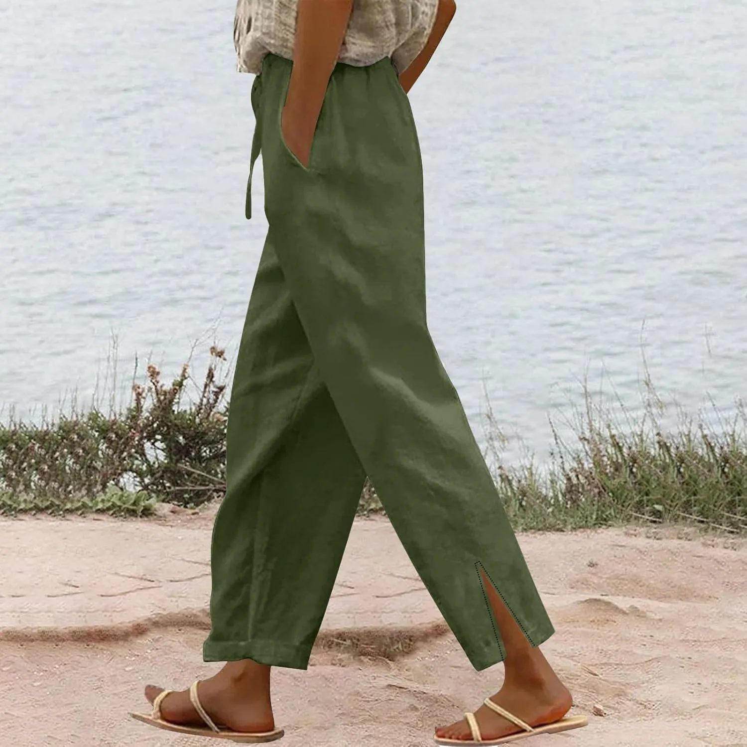 Linen Pants Women High Waisted Beach Pants Loose Lightweight Wide Leg Trousers with Pockets Workout Vacation Capris