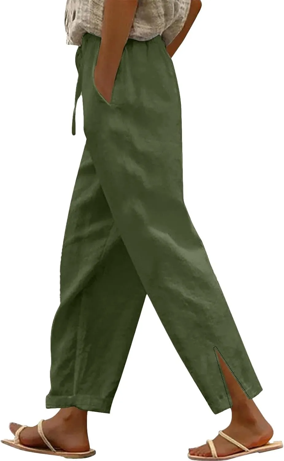 Linen Pants Women High Waisted Beach Pants Loose Lightweight Wide Leg Trousers with Pockets Workout Vacation Capris