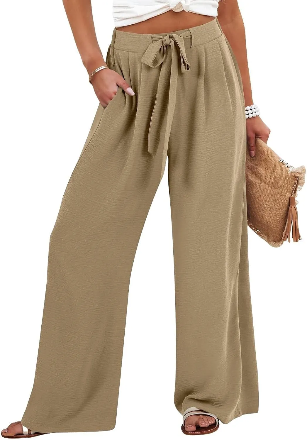 Linen Pants Women Summer Palazzo Pant Woman Wide Leg Drawstring Trousers Casual Flowy Boho Outfits for Beach Vacation