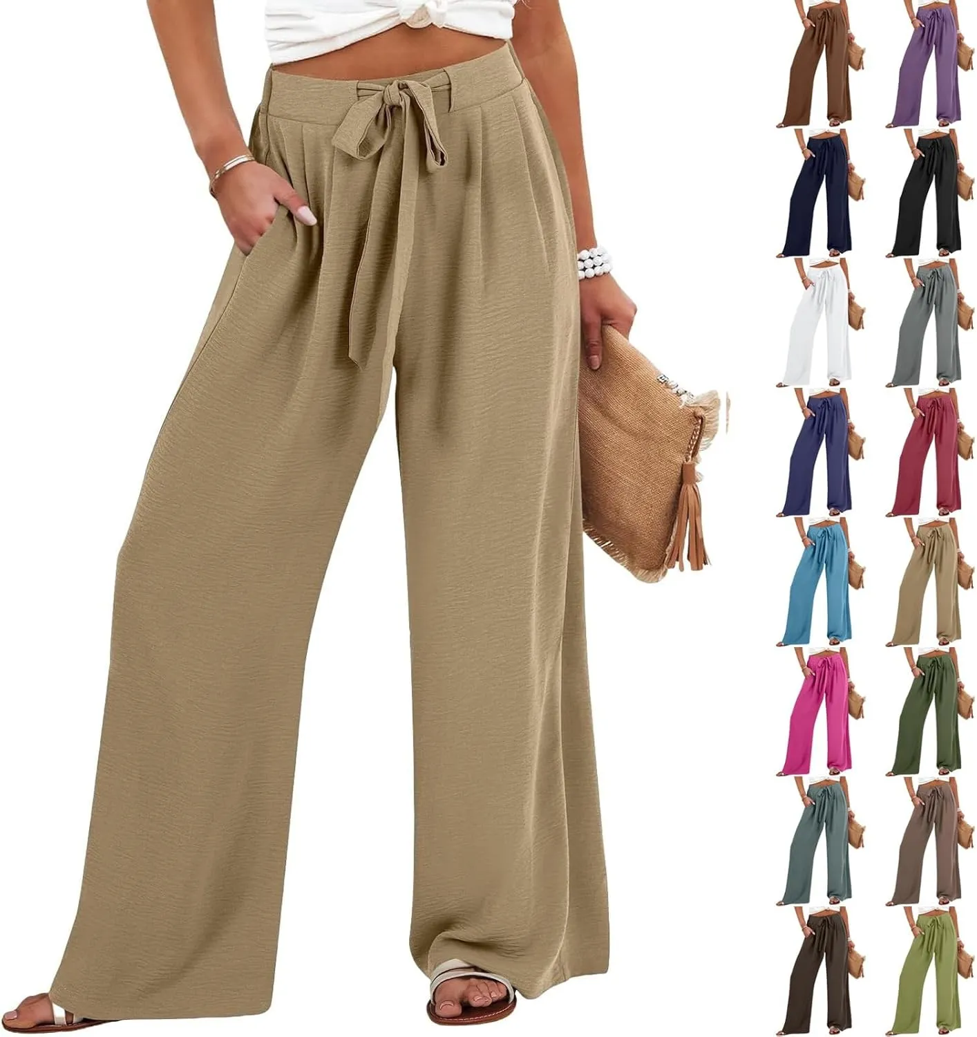 Linen Pants Women Summer Palazzo Pant Woman Wide Leg Drawstring Trousers Casual Flowy Boho Outfits for Beach Vacation