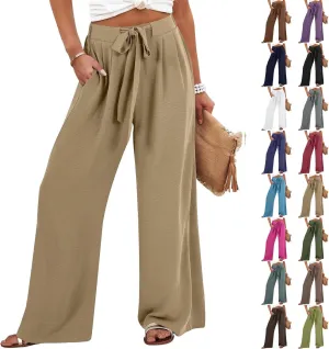 Linen Pants Women Summer Palazzo Pant Woman Wide Leg Drawstring Trousers Casual Flowy Boho Outfits for Beach Vacation