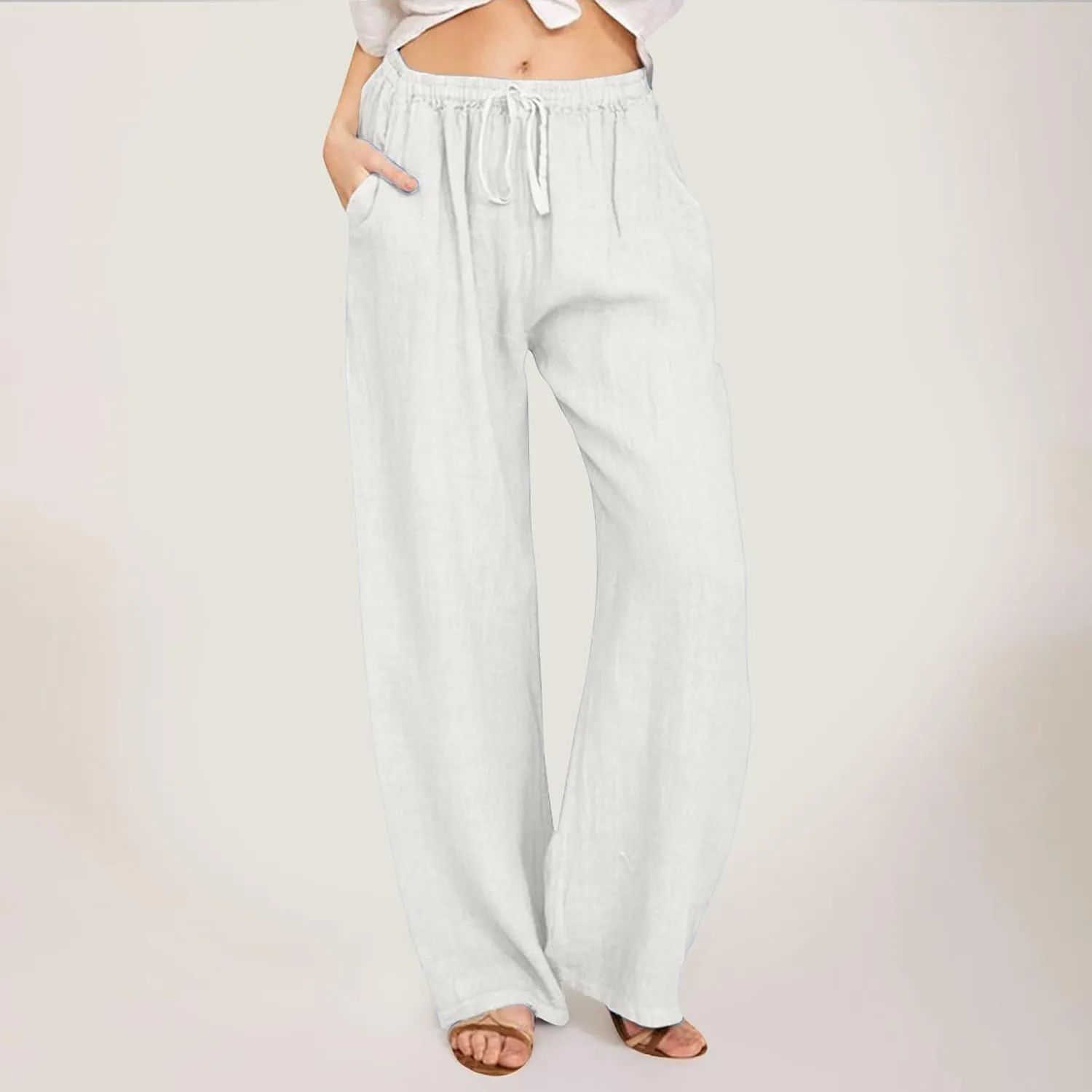 Linen Pants Women Summer Wide Leg Casual Cotton Linen Pants Elastic High Waist Drawstring Lounge Beach Trousers with Pockets