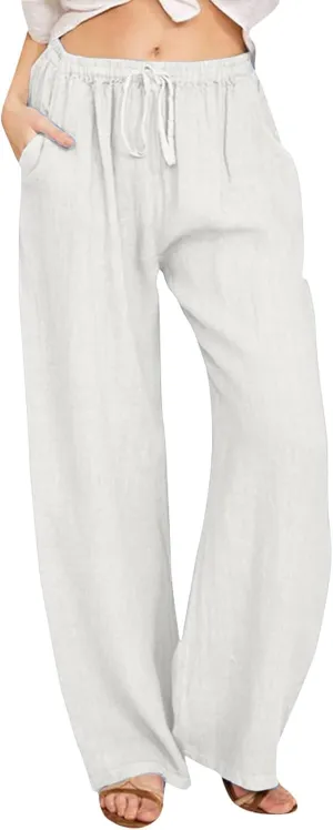 Linen Pants Women Summer Wide Leg Casual Cotton Linen Pants Elastic High Waist Drawstring Lounge Beach Trousers with Pockets