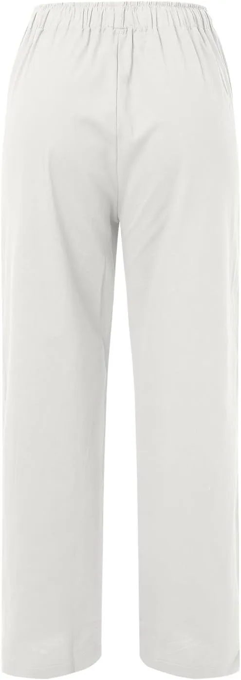 Linen Pants Women Summer Wide Leg Casual Cotton Linen Pants Elastic High Waist Drawstring Lounge Beach Trousers with Pockets