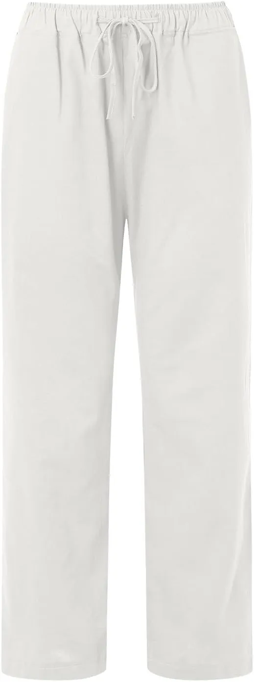 Linen Pants Women Summer Wide Leg Casual Cotton Linen Pants Elastic High Waist Drawstring Lounge Beach Trousers with Pockets