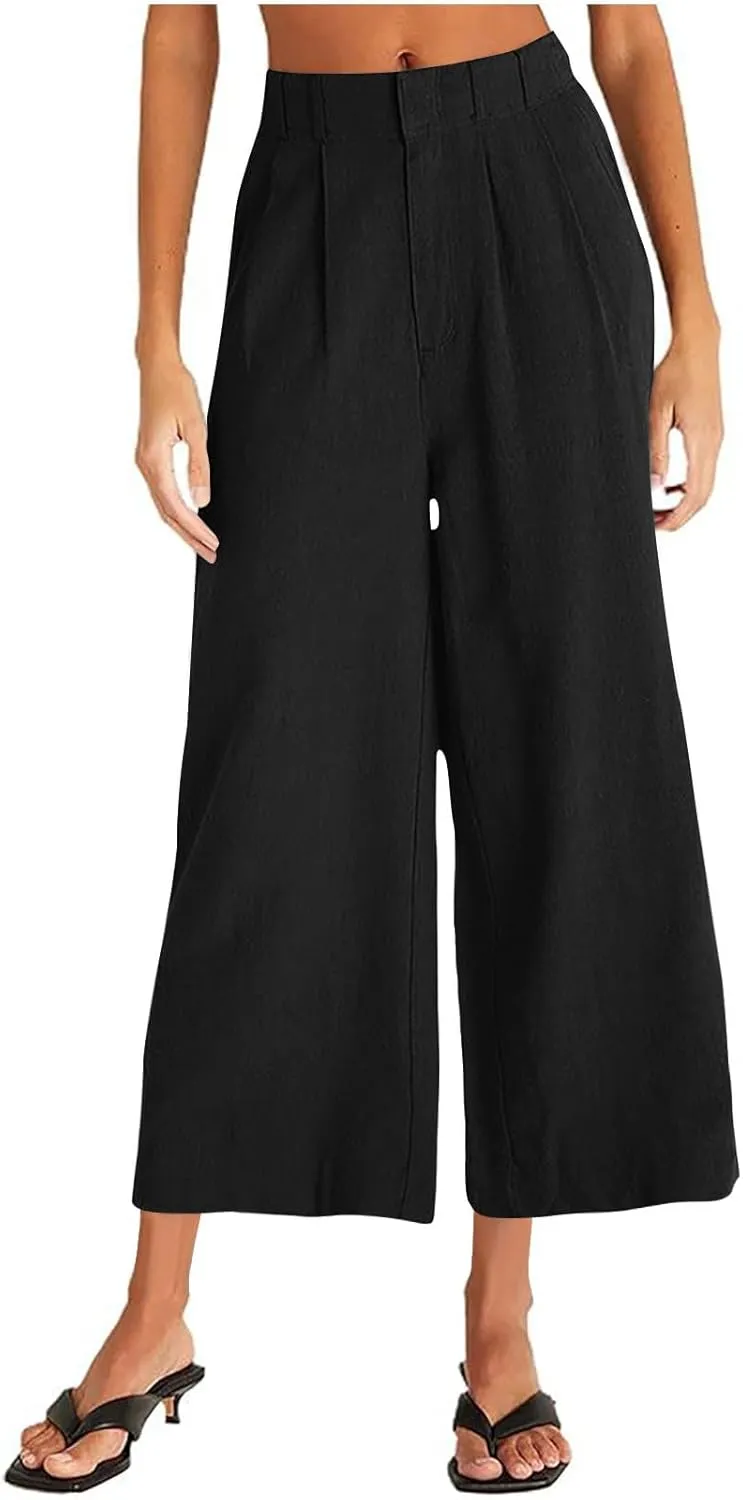 Lmdudan Wide Leg Capri Pants for Women High Waist Cotton Linen Flowy Pleated Capris Cropped Pant Casual Trousers with Pockets