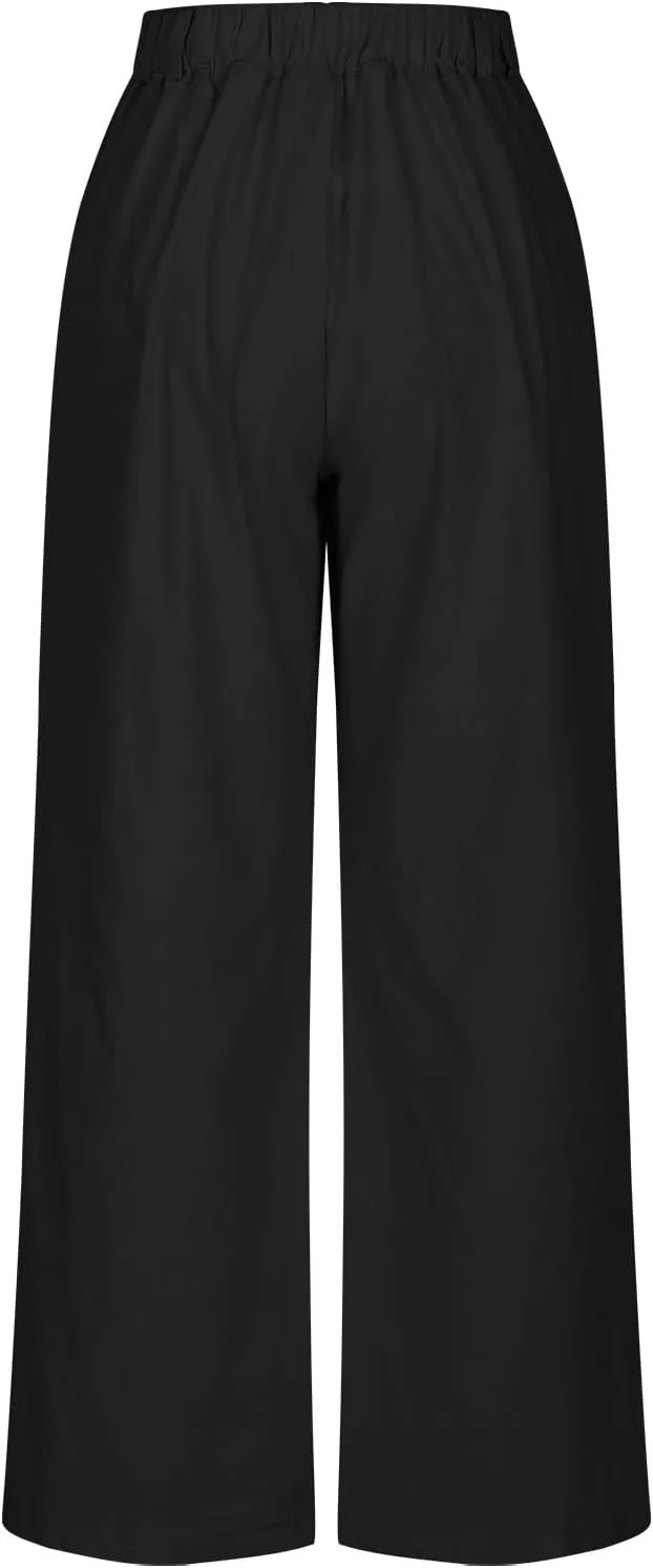 Lmdudan Wide Leg Capri Pants for Women High Waist Cotton Linen Flowy Pleated Capris Cropped Pant Casual Trousers with Pockets