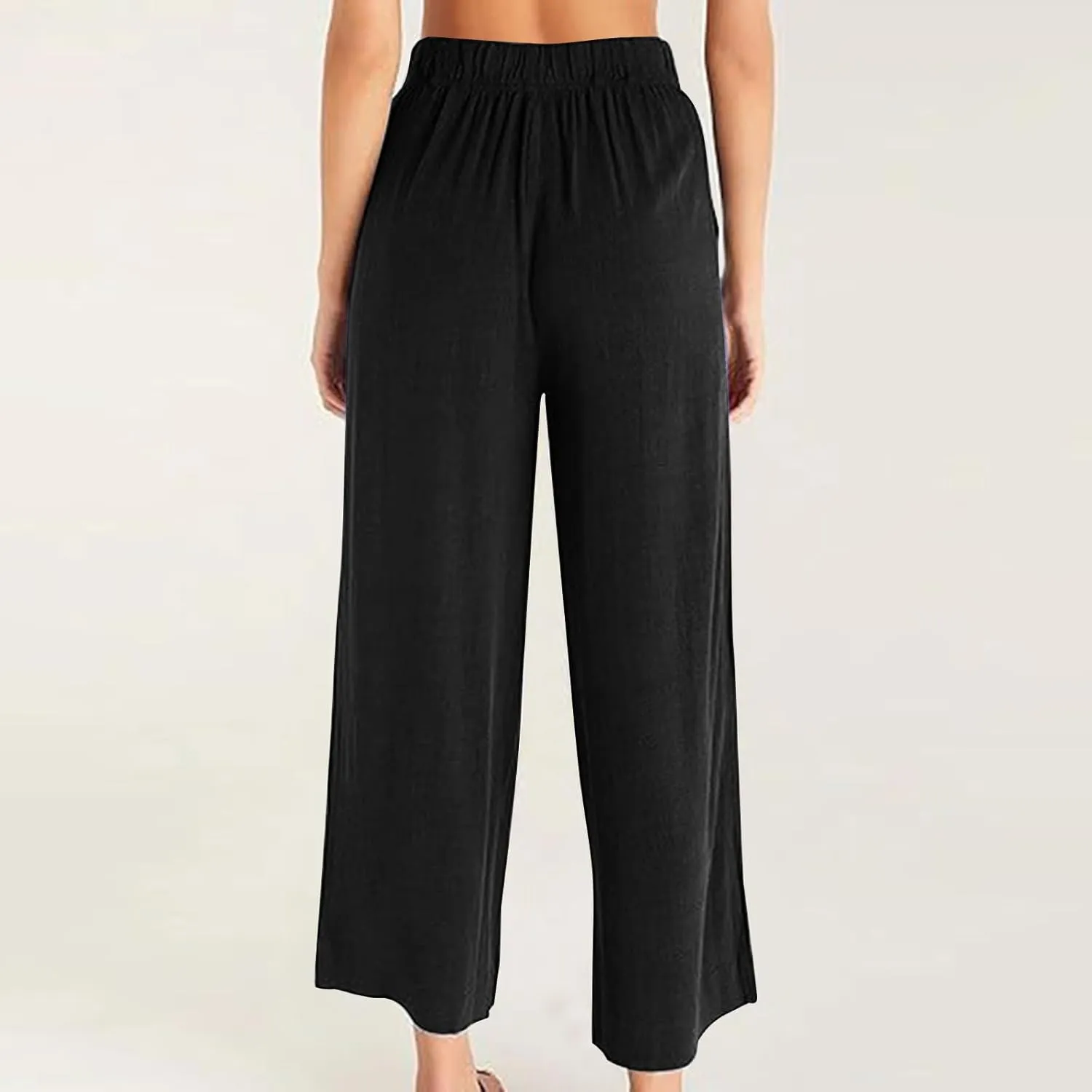 Lmdudan Wide Leg Capri Pants for Women High Waist Cotton Linen Flowy Pleated Capris Cropped Pant Casual Trousers with Pockets