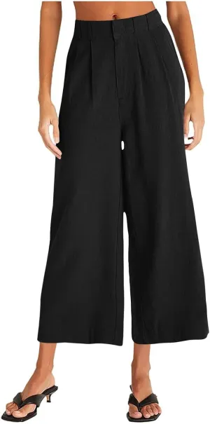 Lmdudan Wide Leg Capri Pants for Women High Waist Cotton Linen Flowy Pleated Capris Cropped Pant Casual Trousers with Pockets