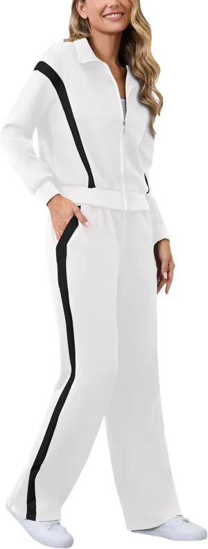 Lounge Sets for Women Sweatsuits 2 Piece Outfits Zip Up Sweatshirt Striped Wide Leg Sweatpants Tracksuit Matching Set