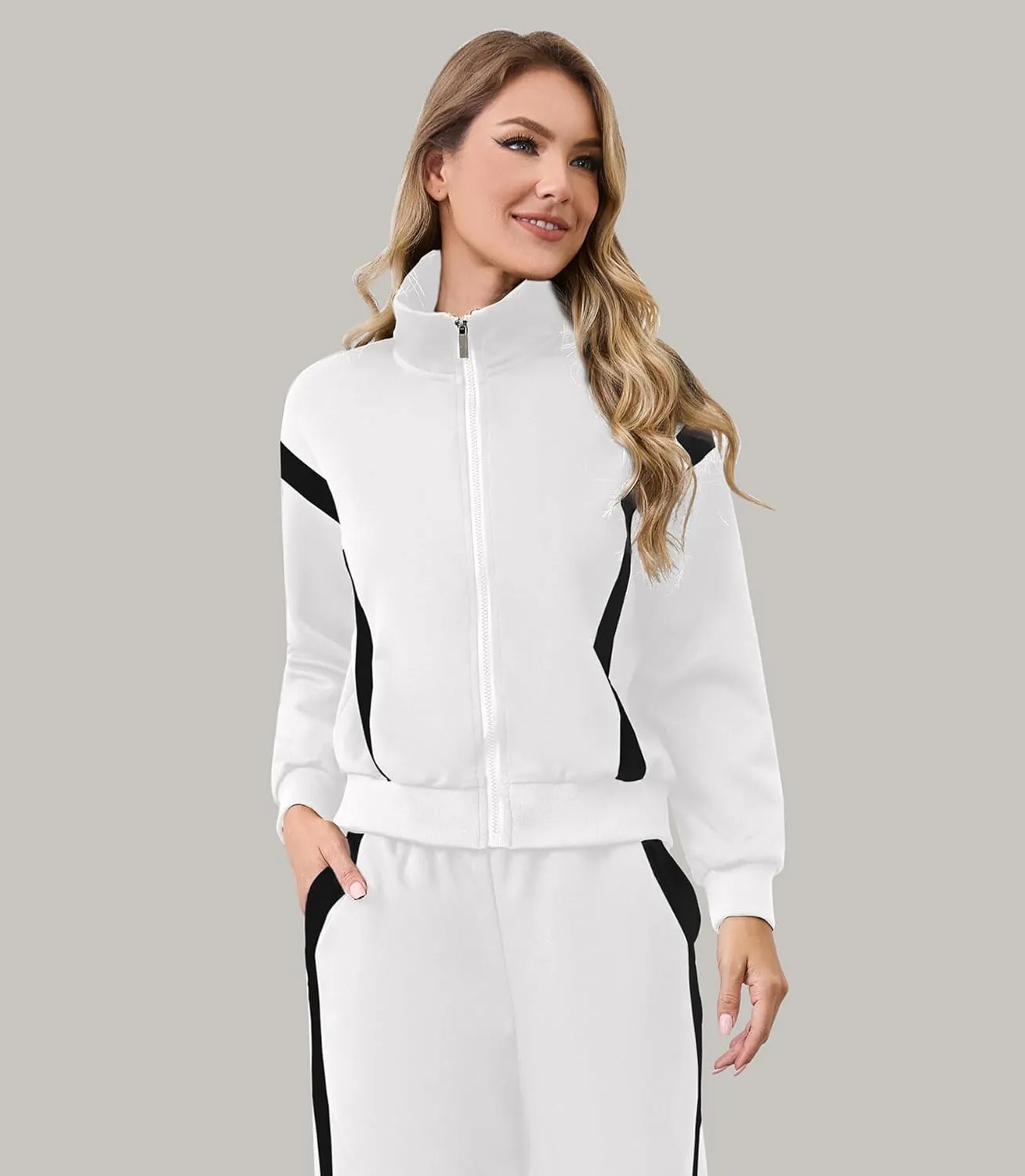 Lounge Sets for Women Sweatsuits 2 Piece Outfits Zip Up Sweatshirt Striped Wide Leg Sweatpants Tracksuit Matching Set