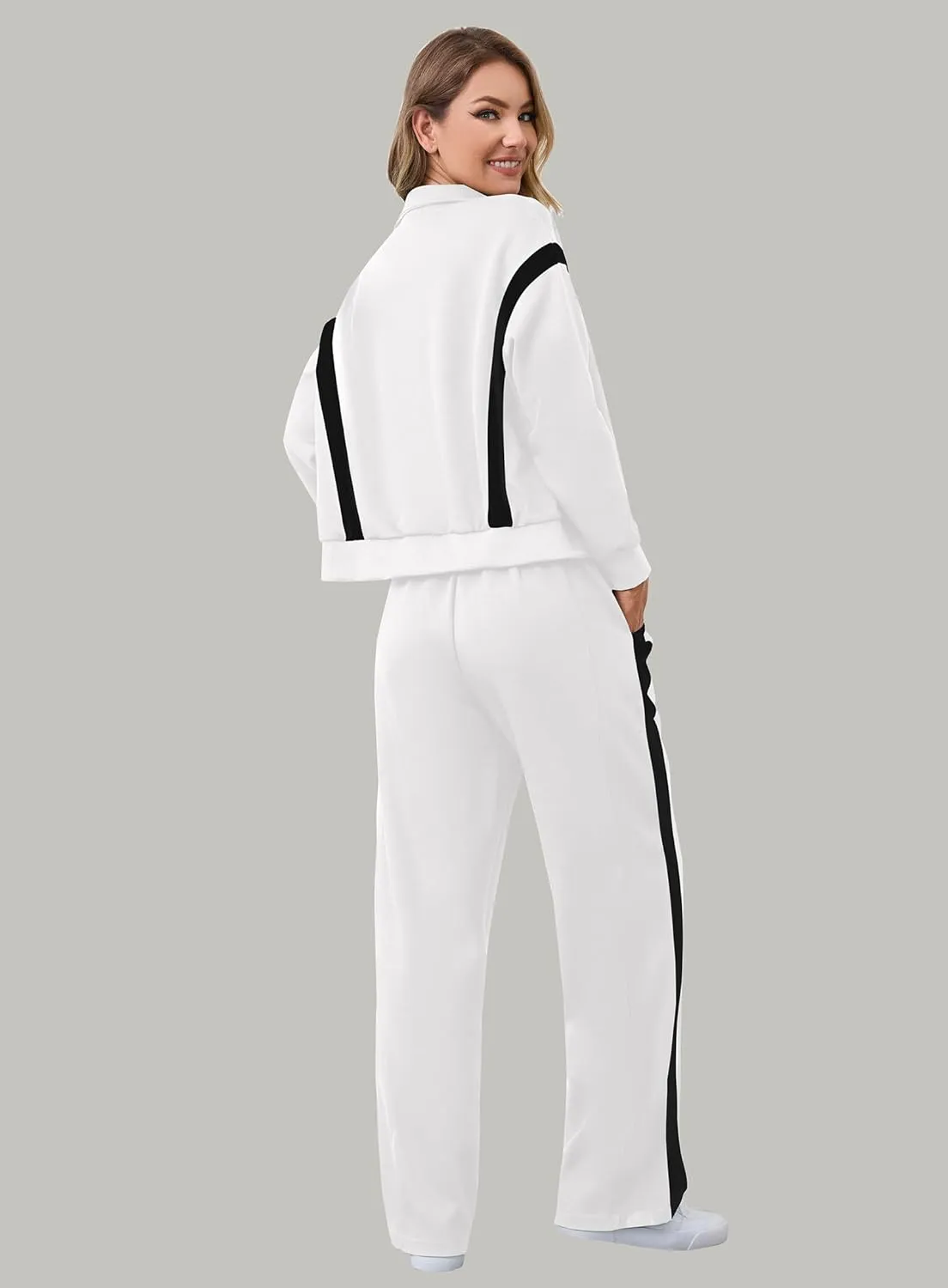 Lounge Sets for Women Sweatsuits 2 Piece Outfits Zip Up Sweatshirt Striped Wide Leg Sweatpants Tracksuit Matching Set