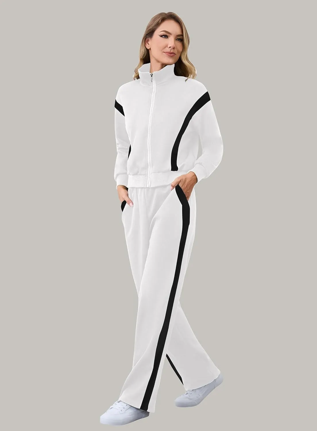 Lounge Sets for Women Sweatsuits 2 Piece Outfits Zip Up Sweatshirt Striped Wide Leg Sweatpants Tracksuit Matching Set