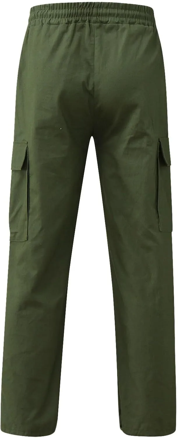 Men Cargo Work Pants Casual Linen Elasticated Waist Pant Jogging Sweatpants Joggers Baggy Sports Gym Pants