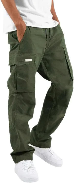 Men Cargo Work Pants Casual Linen Elasticated Waist Pant Jogging Sweatpants Joggers Baggy Sports Gym Pants