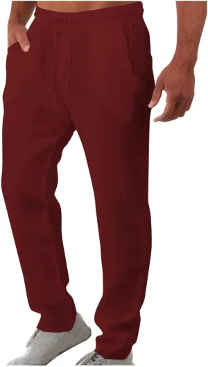 Men Linen Pants Slim Fit Cotton Casual Lightweight Elastic Waist Summer Beach Drawstring Trousers with Pockets