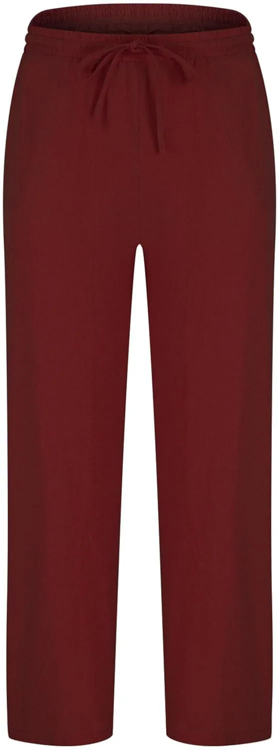 Men Linen Pants Slim Fit Cotton Casual Lightweight Elastic Waist Summer Beach Drawstring Trousers with Pockets