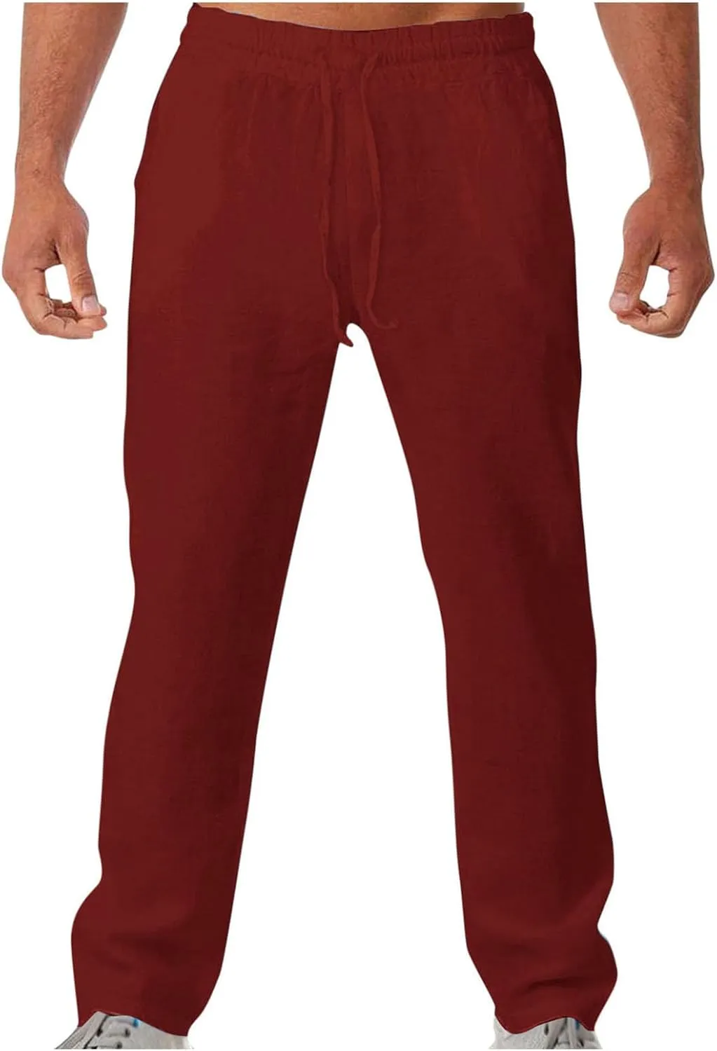 Men Linen Pants Slim Fit Cotton Casual Lightweight Elastic Waist Summer Beach Drawstring Trousers with Pockets
