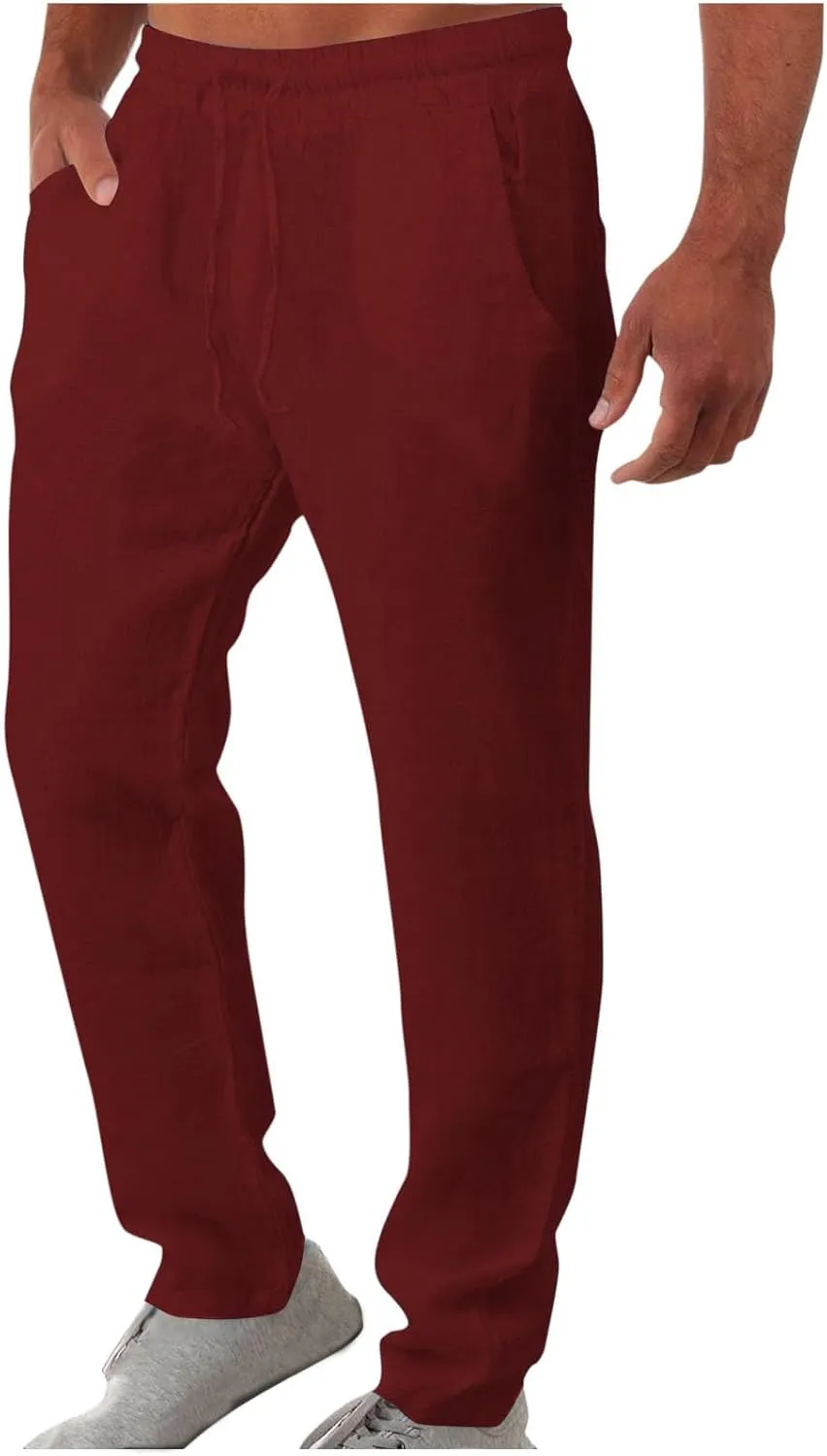 Men Linen Pants Slim Fit Cotton Casual Lightweight Elastic Waist Summer Beach Drawstring Trousers with Pockets