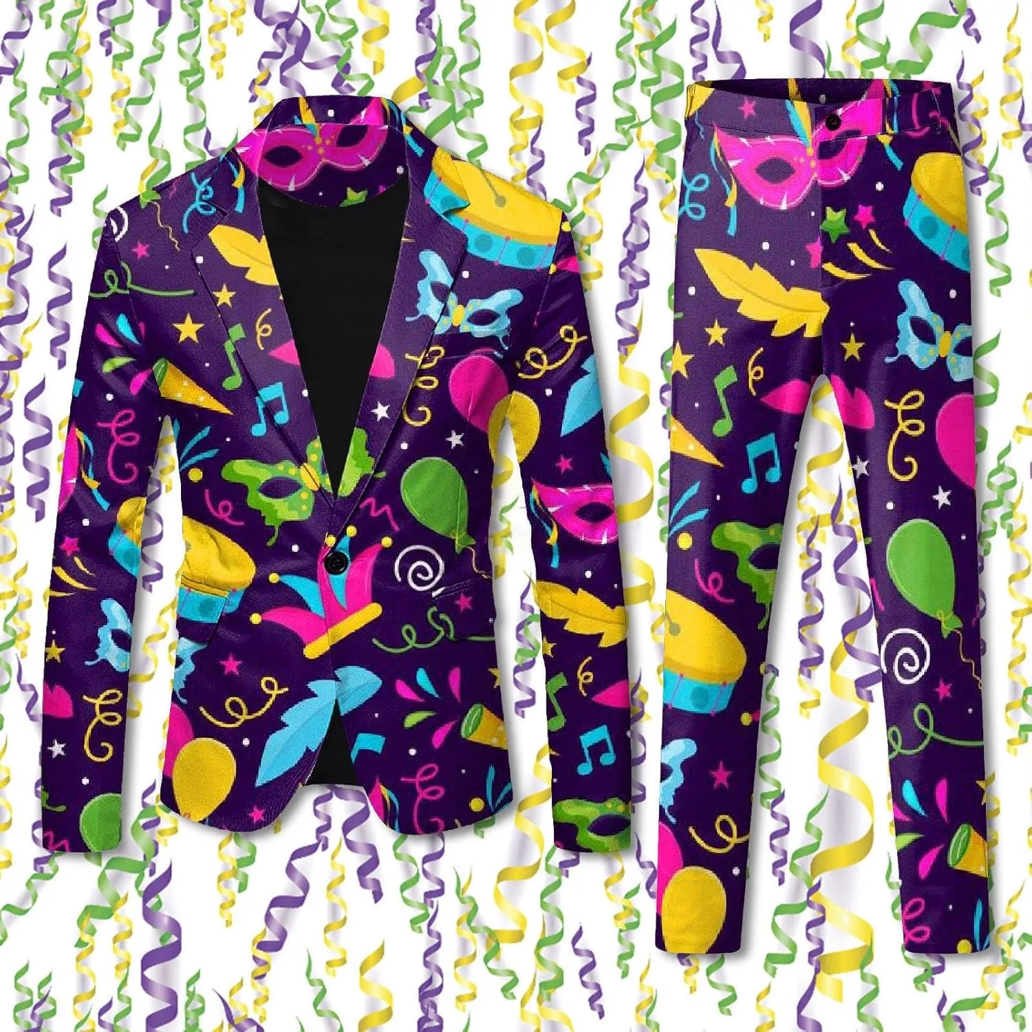 Mens 2 Piece Mardi Gras Casual Sweatsuits One Buttton Notched Lapel Party Floral Suit Jacket Dress Pants Suits Set