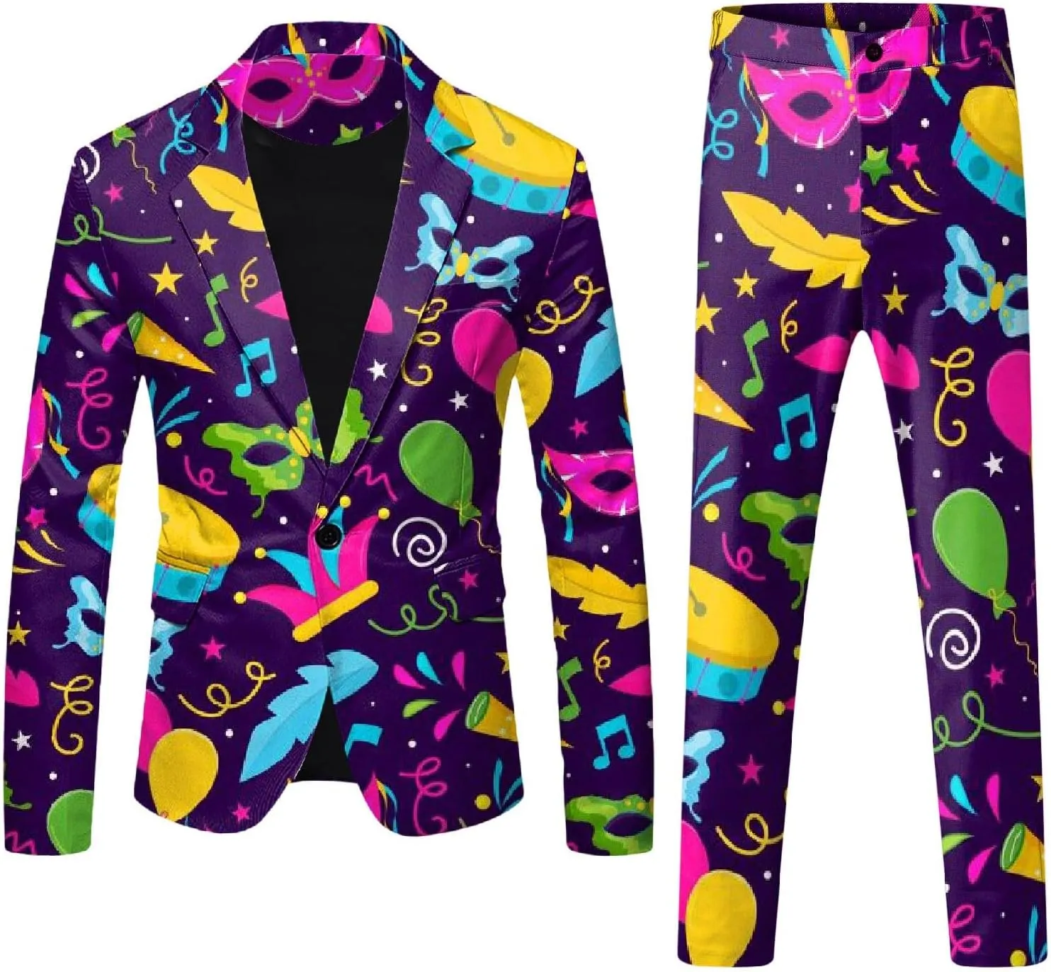 Mens 2 Piece Mardi Gras Casual Sweatsuits One Buttton Notched Lapel Party Floral Suit Jacket Dress Pants Suits Set
