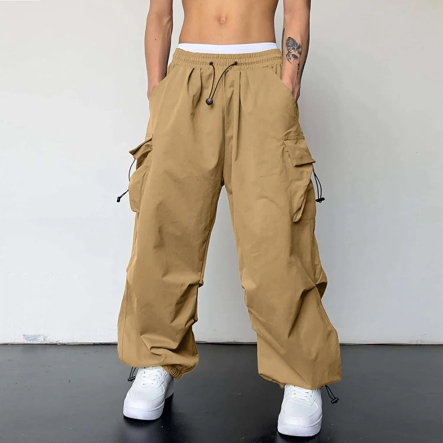 Men's Baggy Cargo Pants Trendy Casual Parachute Pants Cotton Stretch Loose Fit Harem Joggers with Pockets