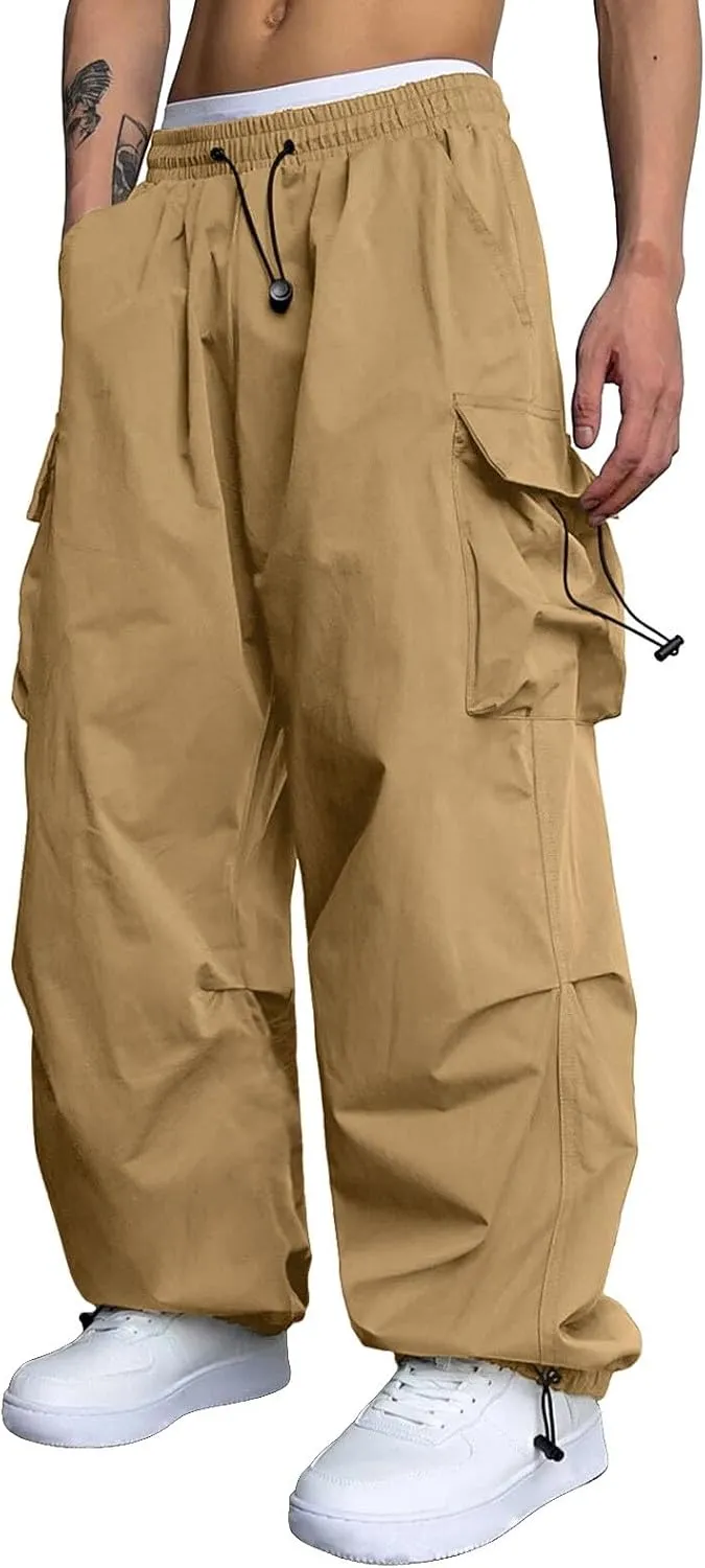 Men's Baggy Cargo Pants Trendy Casual Parachute Pants Cotton Stretch Loose Fit Harem Joggers with Pockets