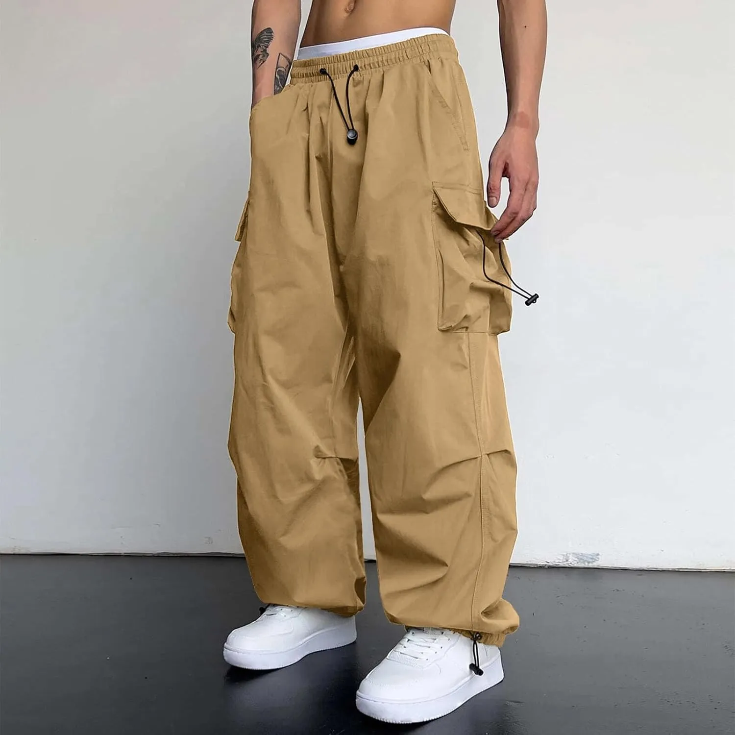 Men's Baggy Cargo Pants Trendy Casual Parachute Pants Cotton Stretch Loose Fit Harem Joggers with Pockets