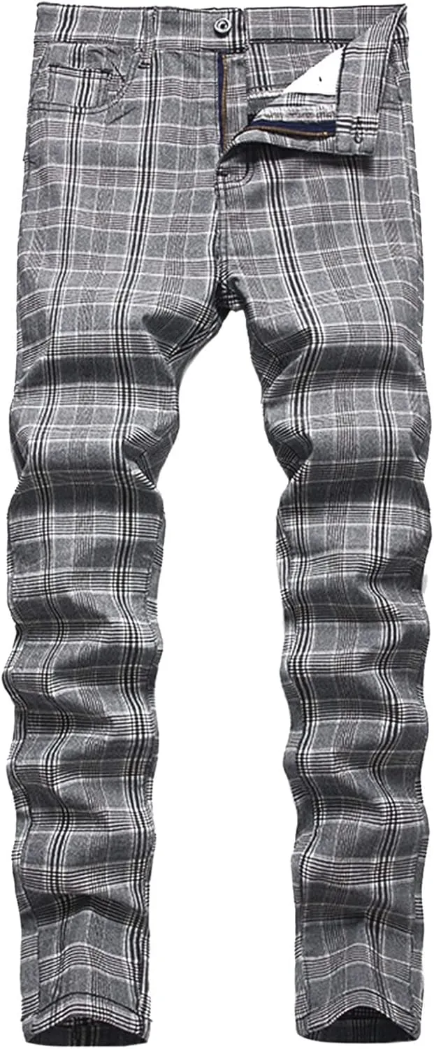 Mens Big and Tall Chino Pants Stretch Skinny Slim Fit Plaid Dress Pants Flat-Front Casual Work Business Golf Pants